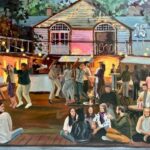 Live-Eventmalerei von Eli – Ein stimmungsvoller Abend in Kunst verewigt Gemälde von Eli: Feierabendstimmung bei einem Outdoor-Event mit tanzenden Gästen und romantischer Beleuchtung