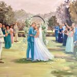 Hochzeitsmalerei von Eli – Kunstvolle Momente auf Leinwand Gemälde von Eli: Ein Hochzeitspaar beim Kuss, umgeben von Gästen in festlicher Atmosphäre